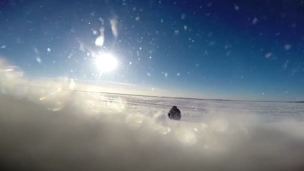 Weinig poolreiziger op de neverending Polar woestijn kruipt naar camera — Stockvideo