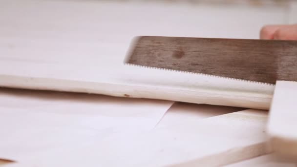 Deslizante câmera capta um processo de uma placa de madeira, sendo cortado por Serra — Vídeo de Stock