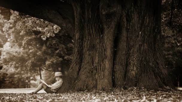 Junge liest Buch unter Baum — Stockvideo