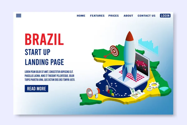 Brazil Landing Page Template Startup Business Design Isometric Concept Website — Stock Vector