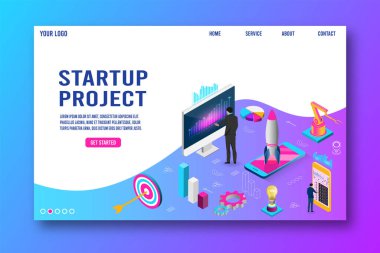 Yeni iş, SEO, takım çalışması ve yönetim, roket, grafik, dizüstü bilgisayarlı şirket süreçleri ve insanlar inşa etmek için başlangıç geçmişi izometrik konsepti. Düz tasarım vektör illüstrasyonu 10