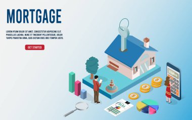 Minicik apartman alacaklıları, ev kredisi, kira, emlakçı ve ipotek konsepti. Düz Isometric Vektör İllüstrasyon Eps 10.