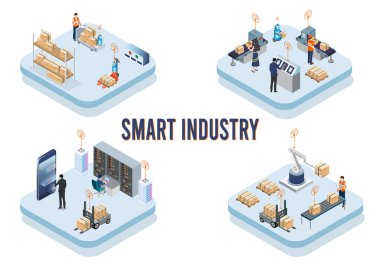 Modern izometrik tasarım konsepti Smart Industry ile geliştirilmiş üretim paketleme, küresel lojistik ortaklık, dağıtım, otomatikleştirilmiş üretim hattı. Vektör illüstrasyonu Eps10