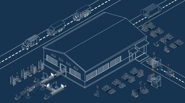Otomatik depo operasyonları robotik malzeme taşıma ve taşıma için AGV 'ler ve AMR' ler kullanıyor. Vektör illüstrasyonu EPS 10
