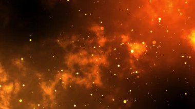 Dinamik Soyut Arkaplan ve Turuncu-Altın Parçacık Akışı. Parlayan parçacıklar koyu siyah bir ekranda soldan sağa doğru akar. 4k yüksek çözünürlük