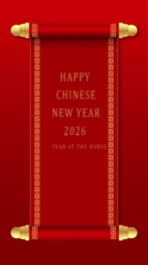 Lüks Çin Yeni Yılı 2026 animasyonu soyut altın at tasarımı. Kırmızı arkaplan ve festival ögeleri