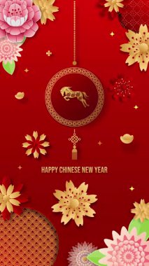 Lüks Çin Yeni Yılı 2026 soyut çiçek tasarımlı animasyon. Kırmızı arka plan, geleneksel fenerler ve Double Pop Confetti Party Popper..