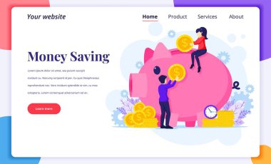 İniş sayfası tasarım konsepti, insanlar büyük bir domuz kumbarasına para yatırıyor, para tasarrufu yapıyor. Düz vektör illüstrasyonu