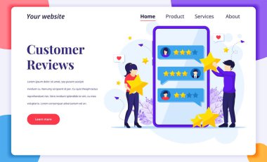 İniş sayfası tasarım konsepti, müşteri değerlendirmeleri, yıldız değerlendirmesi, geri bildirim, memnuniyet ve değerlendirme yapan insanlar. Düz vektör illüstrasyonu