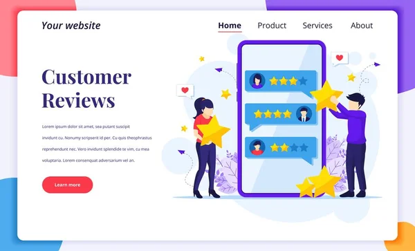 Koncept Návrhu Přistávací Stránky Customer Reviews People Giving Stars Rating — Stockový vektor