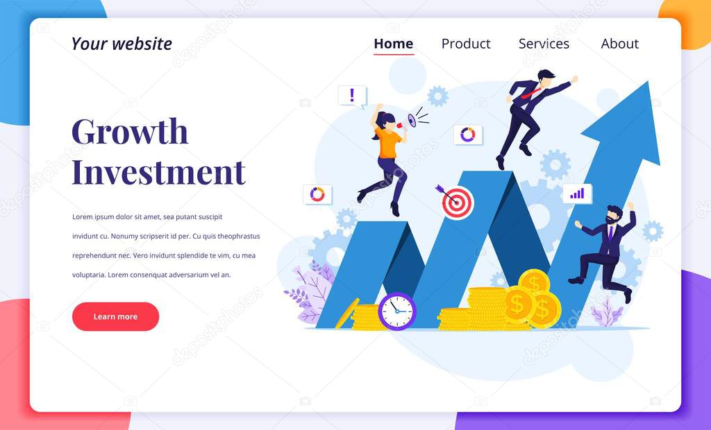 Landing page design concept of Investment, businessman success grow their business, increase financial investment profit. Flat vector illustration