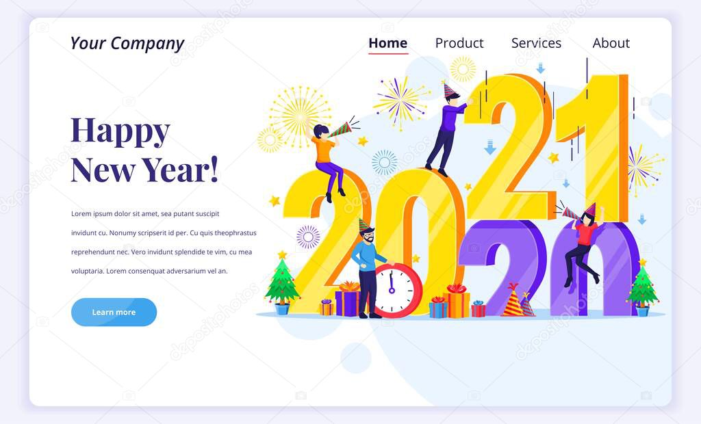 Landing page design concept of Happy new year. People are preparing for the new year 2021 by changing the letter of the year. Flat vector illustration