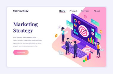 Isometric iniş sayfası tasarım konsepti pazarlama stratejisi. İş adamları, veri ve grafik tabloları olan dev bir bilgisayarın yanında çalışıyorlar. vektör illüstrasyonu