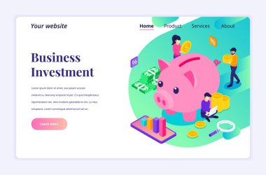 Isometric İniş sayfası yatırım konsepti insanlar kumbaraya para yatırıyor, para biriktiriyorlar. vektör illüstrasyonu