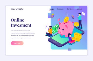 Online Yatırım 'ın Isometric iniş sayfası tasarımı. İnsanlar, dev cep telefonlarının yakınındaki büyüme kârı için internet üzerinden para yatırıyor. vektör illüstrasyonu
