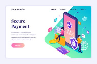 Güvenli Ödeme 'nin modern düz izometrik tasarım konsepti, web sitesi ve mobil web sitesi karakterleri için para transferi koruması. İniş sayfası şablonu. vektör illüstrasyonu