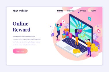 Online ödül için Isometric iniş sayfası tasarımı. Bir grup mutlu insan Online sadakat programından bir hediye kutusu alıyor. vektör illüstrasyonu