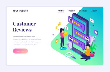 Müşteri değerlendirmeleri konseptinin Isometric iniş sayfası tasarımı konsepti, akıllı telefonların yakınındaki insanlar geri bildirim yapıyor. Müşteriler ürün ya da hizmet değerlendirmesi yapıyor. vektör illüstrasyonu