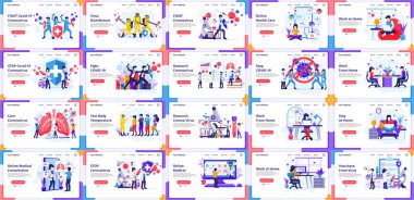 İniş sayfası şablonları, büyük Covid-19 Coronavirus koleksiyonu, doktor ve hemşireler covid-19 Coronavirus 'la savaşıyor. Web pankartı, bilgi grafikleri, iniş sayfası, web şablonu için kullanılabilir. düz vektör illüstrasyonu