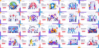 İniş sayfası şablonları, büyük Covid-19 Coronavirus koleksiyonu, doktor ve hemşireler covid-19 Coronavirus 'la savaşıyor. Web pankartı, bilgi grafikleri, iniş sayfası, web şablonu için kullanılabilir. düz vektör illüstrasyonu