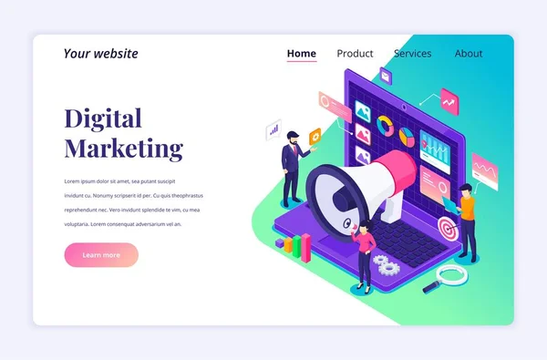 Isometric Landing Page Design Concept Digital Marketing Business People Characters — Stockový vektor