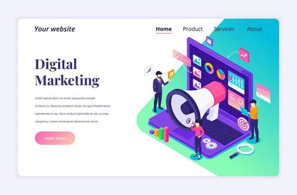 Dijital pazarlamanın Isometric iniş sayfası tasarım konsepti, iş adamları dev bir dizüstü bilgisayarın yanında veri ve grafik grafiklerle çalışıyorlar. vektör illüstrasyonu