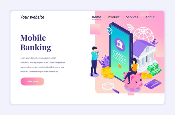 Concept Moderne Conception Isométrique Plate Online Banking Avec Des Personnages — Image vectorielle