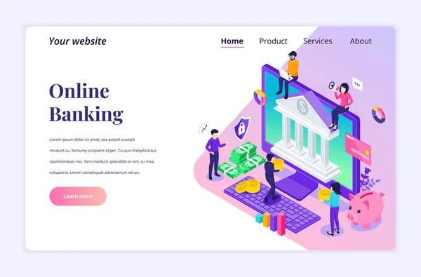 Concept Moderne Conception Isométrique Plate Online Banking Avec Des Personnages — Image vectorielle