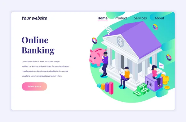 Isometric Landing Page Design Concept Online Banking Characters Online Financial — Stockový vektor