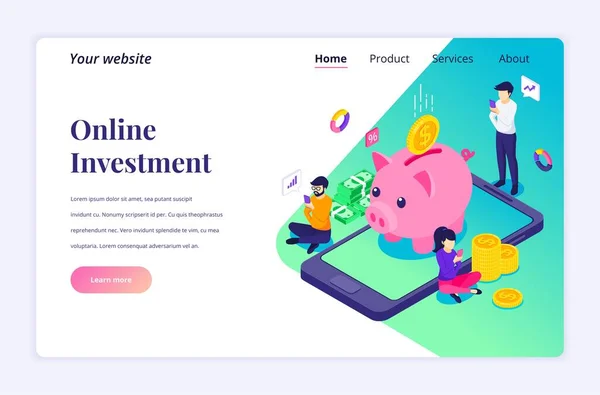 オンライン投資のアイソメトリックランディングページのデザインコンセプト 人々は巨大な携帯電話の近くの成長利益のためにオンラインでお金を投資しています ベクターイラスト — ストックベクタ