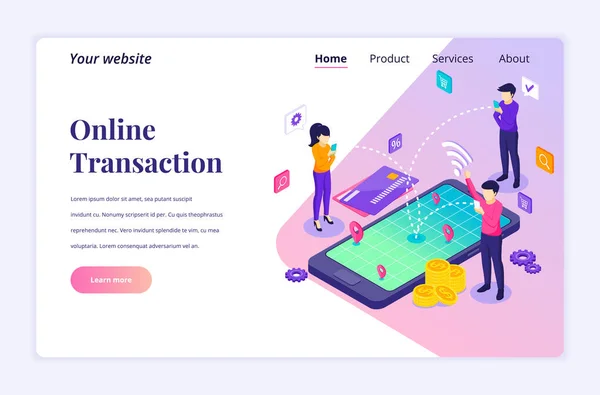 Isometrisk Landningssida Design Koncept För Online Transaktion Människor Som Använder — Stock vektor