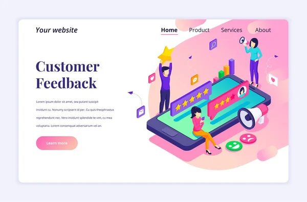 Isométrico Concepto Diseño Landing Page Del Concepto Comentarios Los Clientes — Archivo Imágenes Vectoriales