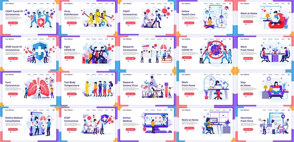 İniş sayfası şablonları, büyük Covid-19 Coronavirus koleksiyonu, doktor ve hemşireler covid-19 Coronavirus 'la savaşıyor. Web pankartı, bilgi grafikleri, iniş sayfası, web şablonu için kullanılabilir. düz vektör illüstrasyonu