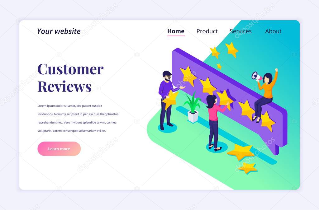Isometric landing page design concept of Customer reviews concept, People giving five stars rating and review, positive feedback. Customer Service and User Experience. vector illustration