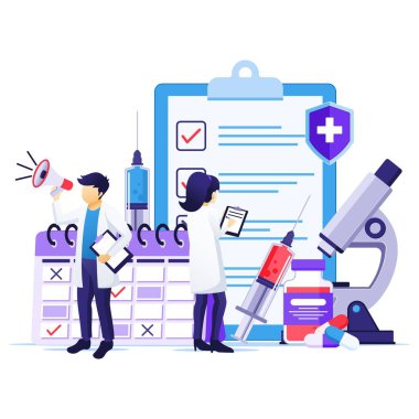 Aşı konsepti, Corona virüsünün tedavisi, aşı zamanı, şırıngalı doktorlar, aşı şişesi çizimi