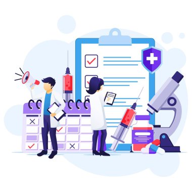 Aşı konsepti, Corona virüsünün tedavisi, aşı zamanı, şırıngalı doktorlar, aşı şişesi çizimi