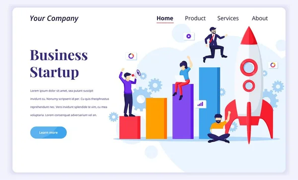 Landing Page Design Concept Business Startup Businessman Running Rocket Move — Stock Vector