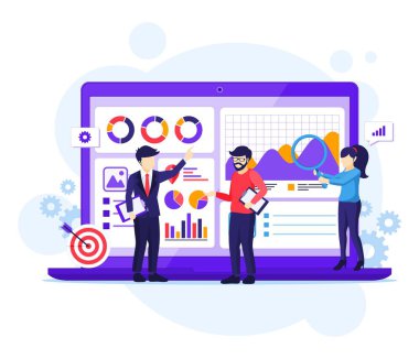 İş Analizi kavramı, insanlar büyük bir dizüstü bilgisayarın önünde çalışır. Denetleme, Finansal danışmanlık düz vektör çizimi