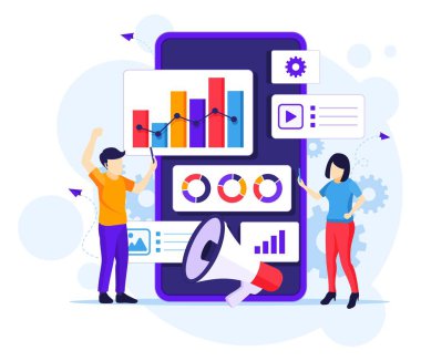 İnsanlarla birlikte dijital pazarlama kavramı, dev bir akıllı telefon düz vektör illüstrasyonunun yanında çalışır.