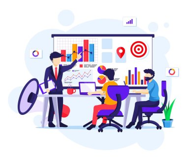 Pazarlama stratejisi konsepti, toplantıdaki iş adamları ve yeni kampanya satış tanıtımı illüstrasyonu sunumu