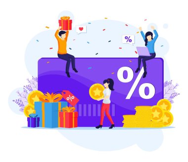 Sadakat pazarlama programı, İnsanlar bir hediye kutusu, indirim ve sadakat kartı, ödül kartı puanları ve düz vektör illüstrasyon ikramiyeleri alıyor.