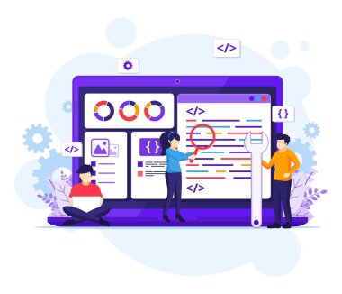 Yazılım Geliştirme Konsepti, İnsanlar dev bir dizüstü bilgisayar programlama ve düz vektör çizimi üzerinde çalışıyor