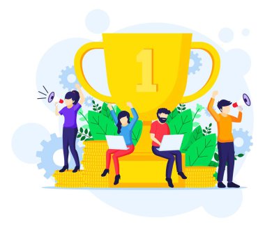 İş Başarı konsepti, dev bir altın kupanın yanında başarılı takım çalışması. Başarılı takım çalışması düz vektör illüstrasyonu