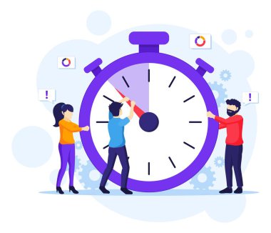 Zaman yönetimi kavramı, dev bir saat vektörü illüstrasyonunda zamanı durdurmaya çalışan insanlar.