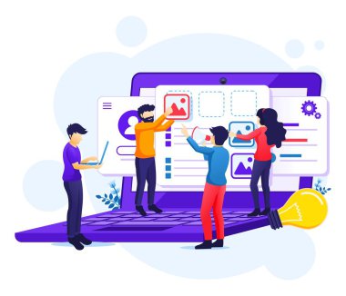 UI UX tasarım kavramı, uygulama tasarımı, içeriği ve metin yeri illüstrasyonu yaratan insanlar