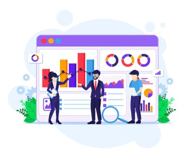 Veri analizi kavramı, insanlar büyük ekranın önünde çalışır. Denetleme, Mali Danışmanlık vektör çizimi