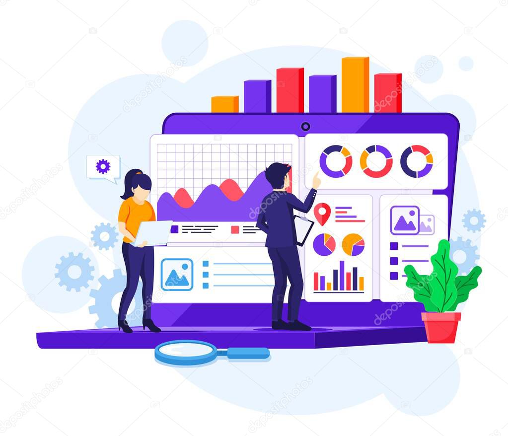 Business Analysis concept, People work in front of a big laptop. Auditing, Financial consulting flat vector illustration