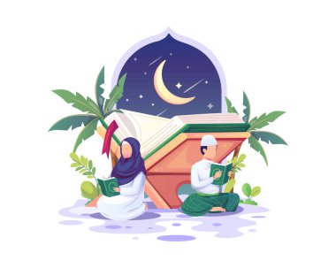 Müslüman çift Ramazan ayı kutsal illüstrasyonunda Kuran okuyup öğreniyor.
