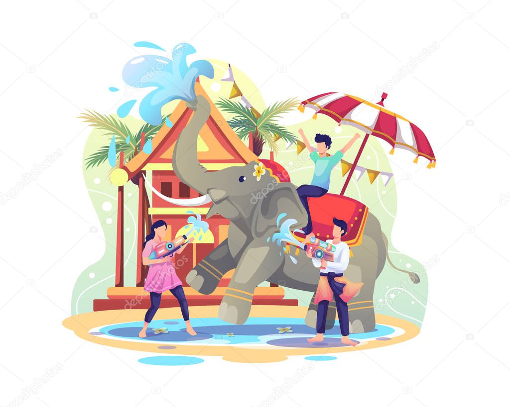 Happy People celebrating Songkran festival by playing water with elephants. Vector Illustration