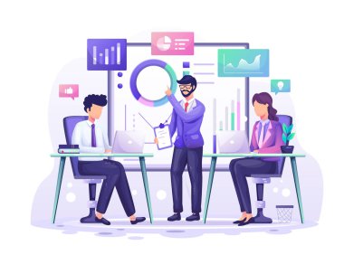 İş Analizi konsepti, toplantıdaki insanlar grafikler ve grafik veri görselleştirmesiyle çalışıyor. Vektör illüstrasyonu